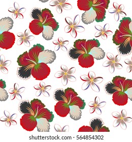 Vector multicolor hibiscus flower with leaves and buds. On white background.