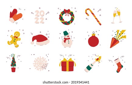 Vector multicolor icons Christmas and New Year concept - gift, snowman, wreath, snowflake, champagne, gingerbread man, Christmas tree, Christmas candy, 2022