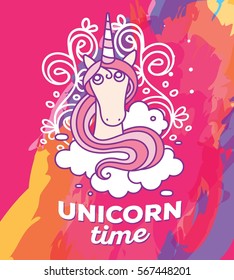 Vector multicolor illustration of cute magic unicorn head with horn, pink mane, clouds and words unicorn time. Thin flat line art colorful design to make unicorn poster, invitation, greeting card