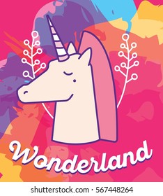 Vector multicolor illustration of cute magic unicorn head with horn, pink mane, flowers and word wonderland. Thin flat line art colorful design to make unicorn poster, greeting card, logotype, sticker