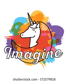 Vector multicolor illustration of cute magic unicorn head with horn, mane, curls and word imagine. Thin flat line art colorful design to make unicorn poster, invitation, greeting card, logo, sticker 
