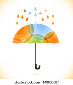 Vector multicolor isolated umbrella over rain drops. Beauty unusual element for gifts, cards, invitations