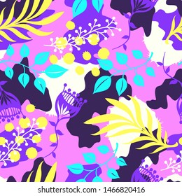 vector multicolor leaves and flowers seamless pattern