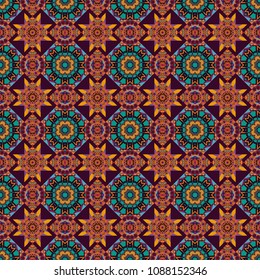 Vector multicolor pattern in turkish style. Seamless ceramic tile with colorful patchwork. Design in purple, blue and brown colors. Islam, Arabic, Indian, ottoman motifs.