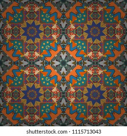 Vector multicolor pattern in turkish style. Design in blue, orange and brown colors. Seamless ceramic tile with colorful patchwork. Islam, Arabic, Indian, ottoman motifs.