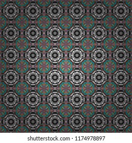 Vector multicolor pattern in turkish style. Seamless ceramic tile with colorful patchwork. Islam, Arabic, Indian, ottoman motifs. Design in blue, brown and gray colors.