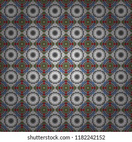 Vector multicolor pattern in turkish style. Design in white, gray and blue colors. Seamless ceramic tile with colorful patchwork. Islam, Arabic, Indian, ottoman motifs.
