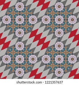 Vector multicolor pattern in turkish style. Islam, Arabic, Indian, ottoman motifs. Seamless ceramic tile with colorful patchwork. Design in gray, blue and red colors.