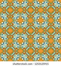 Vector multicolor pattern in turkish style. Seamless ceramic tile with colorful patchwork. Design in green, blue and orange colors. Islam, Arabic, Indian, ottoman motifs.