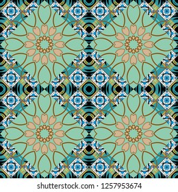 Vector multicolor pattern in turkish style. Islam, Arabic, Indian, ottoman motifs. Design in black, blue and brown colors. Seamless ceramic tile with colorful patchwork.