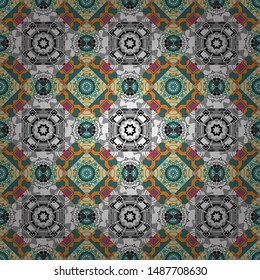 Vector multicolor pattern in turkish style. Islam, Arabic, Indian, ottoman motifs. Seamless ceramic tile with colorful patchwork. Design in blue, gray and beige colors.