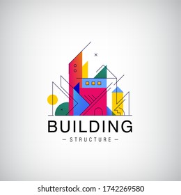 Vector multicolor real estate logo design for business visual identity, building, cityscape icons, houses, architecture construction. Flat linear style