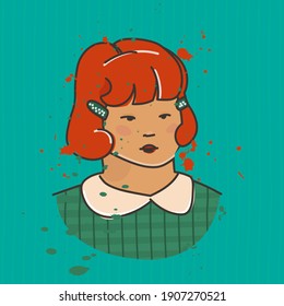 Vector multicolor retro style illustration. Portrait of a red-haired young girl.