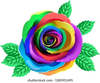 Vector Multicolor Rose. Rainbow Flower With Bright Petals. Rose With Leaves Clipart. Transparent Background. Close Up.