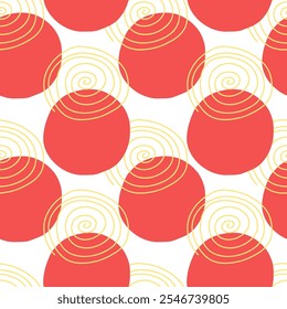 Patrón sin fisuras multicolor de Vector con adorno geométrico abstracto. Círculo rojo y espiral amarilla sobre un fondo blanco.  Textura para el diseño, decoración, papel de embalaje, cubierta, baldosa de cerámica, tela.