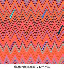 Vector multicolor seamless pattern with zigzag lines in bohemian style and 1970s fashion motifs. Ethnic background in bright organic colors.
