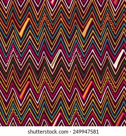 Vector multicolor seamless pattern with zigzag lines in bohemian style and 1970s fashion motifs. Ethnic background in bright organic colors.