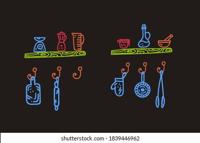 Vector multicolor set of kitchen Doodle icons. Cartoon set of cooking in a cafe: cooking, kitchen utensils, pots, pans, spoons, knives, buckets, combines, mixer, wall design of linear creativity