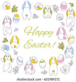 vector multicolor sketch of rabbit flowers eggs frame with words happy Easter