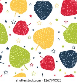 Vector multicolor strawberries spring summer seamless repeat pattern background. Surface pattern design