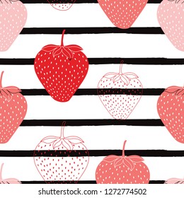 Vector multicolor strawberries spring summer repeat pattern background. Seamless vector pattern with strawberries. Shades of pink on black and white striped background. Surface pattern.