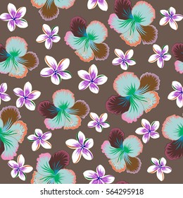 Vector of multicolor tropical flowers (hibiscus) with watercolor effect on brown background.