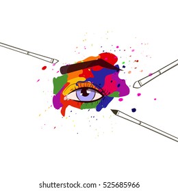 Vector multicolor watercolor hand drawn illustration of colorful womens eye and makeup brushes. Concept for beauty salon, cosmetics label, cosmetology procedures, visage and makeup.