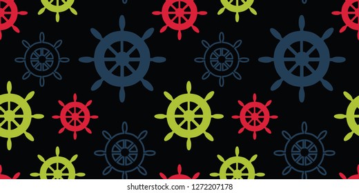 Vector multicolor wheels repeat seamless pattern on black background.