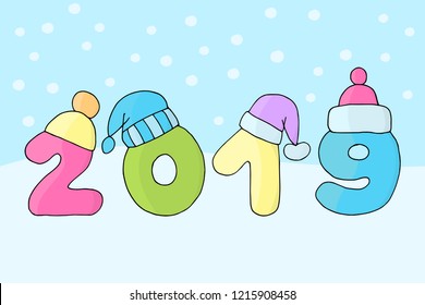 Vector multicolored 2019 New Year in cute warm Christmas winter hats on blue background with snow