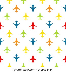 Vector multicolored airplane seamless pattern on white background