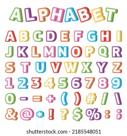 Vector multi-colored alphabet, letters, signs and numbers in 3D style, for children and schoolchildren, the study of letters.