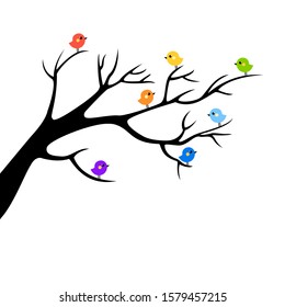 Vector multicolored birds in a cartoon style sitting on a black branch. Cartoon nature illustration. Bright birds on a white background. Cute greeting card with a tree silhouette