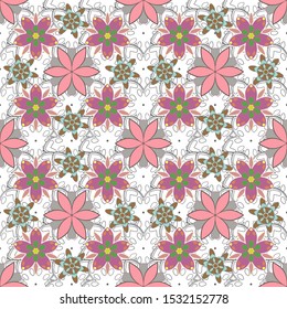 Vector multicolored branches with flowers. Vector illustration. Small flowers seamless pattern in brown, white and pink colors.