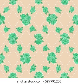 Vector multicolored branches with rose flowers on a beige background. Small rose flowers seamless pattern. Vector illustration.