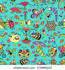 Vector. Multicolored bright seamless pattern. Funny doodle diverse insects.