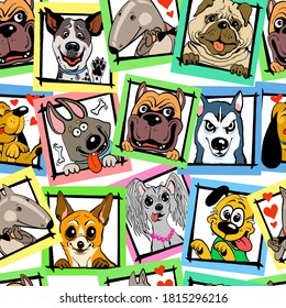 Vector. Multicolored bright seamless pattern. Funny drawing of funny dogs in the frame.
