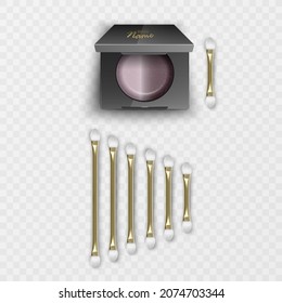 Vector MultiColored Brown Ocher Eye Shadows in square Plastic Case with Makeup Brushes Applicators Top View Isolated on White
