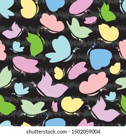 Vector multicolored butterflies silhouette with scribble texture seamless pattern background. Good use for fabric, wallpaper, stationery, kids products, giftwrap etc.