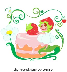 Vector multicolored cartoon childish illustration - simple little cute pretty stylized fairy girl decorating cake with strawberries, standing on a leaf, flower in a beautiful intertwined frame. 