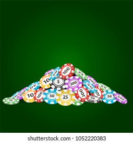 Vector multi-colored casino chips on a green background