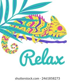 Vector multicolored chameleon in a flat style, happily perched on a branch with fern leaves. Perfect for showcasing the colorful nature of the jungle.