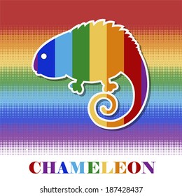 Vector multicolored chameleon on rainbow background with inscription