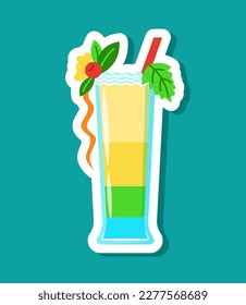 Vector multicolored cocktail sticker in cartoon style. Isolated layered drink in the glass with juice straw