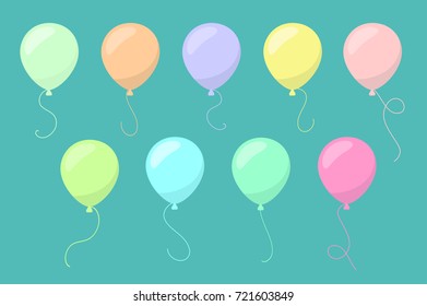 Vector Multicolored Colorful Flat Balloons Set on Blue Background