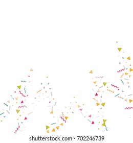 Vector multicolored confetti on transparent background. Falling tinsel and confetti from minimalistic geometrical triangles and ribbons. Flat glitter. Abstract festive decoration and ribbons.