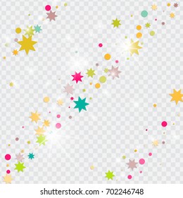 Vector multicolored confetti on transparent background. Falling tinsel and confetti from minimalistic geometrical triangles and ribbons. Flat glitter. Abstract festive decoration and ribbons.