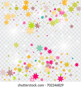 Vector multicolored confetti on transparent background. Falling tinsel and confetti from minimalistic geometrical triangles and ribbons. Flat glitter. Abstract festive decoration and ribbons.