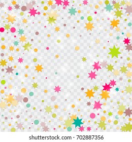 Vector multicolored confetti on transparent background. Falling tinsel and confetti from minimalistic geometrical triangles and ribbons. Flat glitter. Abstract festive decoration and ribbons.