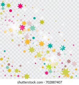 Vector multicolored confetti on transparent background. Falling tinsel and confetti from minimalistic geometrical triangles and ribbons. Flat glitter. Abstract festive decoration and ribbons.
