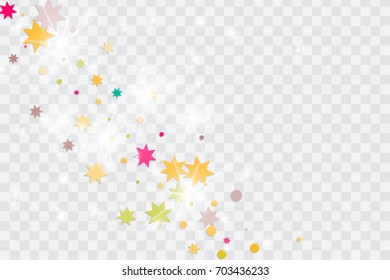 Vector multicolored confetti on transparent background. Falling tinsel and confetti from minimalistic geometrical triangles and ribbons. Flat glitter. Abstract festive decoration and ribbons.